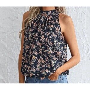Sleeveless Floral Print Keyhole Back Halter Neck Blouse Large